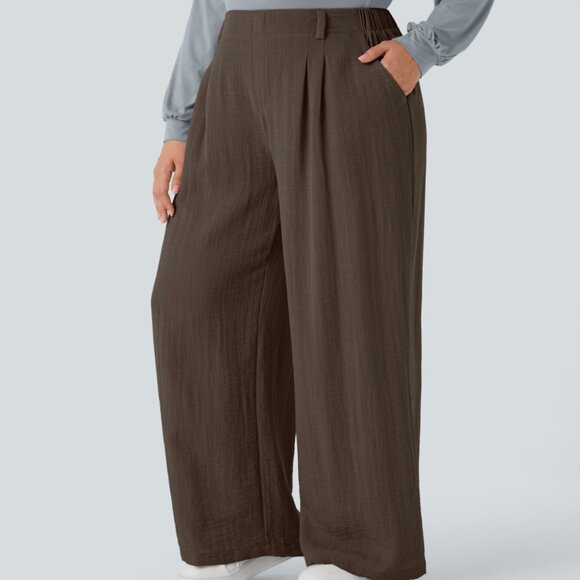 NEW HALARA 1X DARK EARTHY BROWN LINEN FEEL HIGH WAIST WIDE LEG POCKETS PANTS - Picture 3 of 4